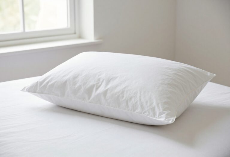 Fresh fluffy white pillow on a neatly made bed in natural light