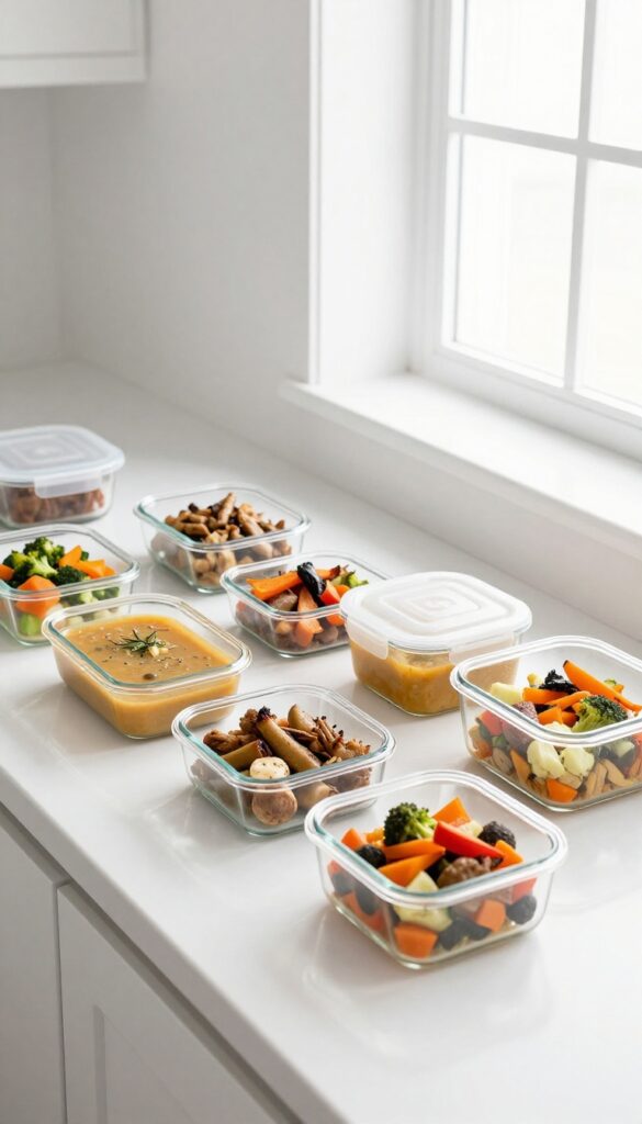 Portion-sized containers for freezing leftovers on a clean kitchen counter