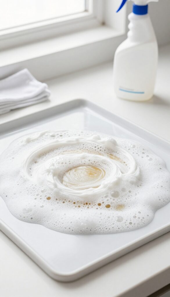 Baking soda and hydrogen peroxide fizzing paste on a ceramic cooktop for cleaning stubborn stains
