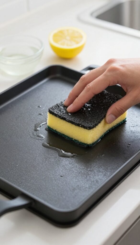 Cleaning a Blackstone griddle with mild dish soap, sponge, vinegar, and lemon, avoiding harsh chemicals.