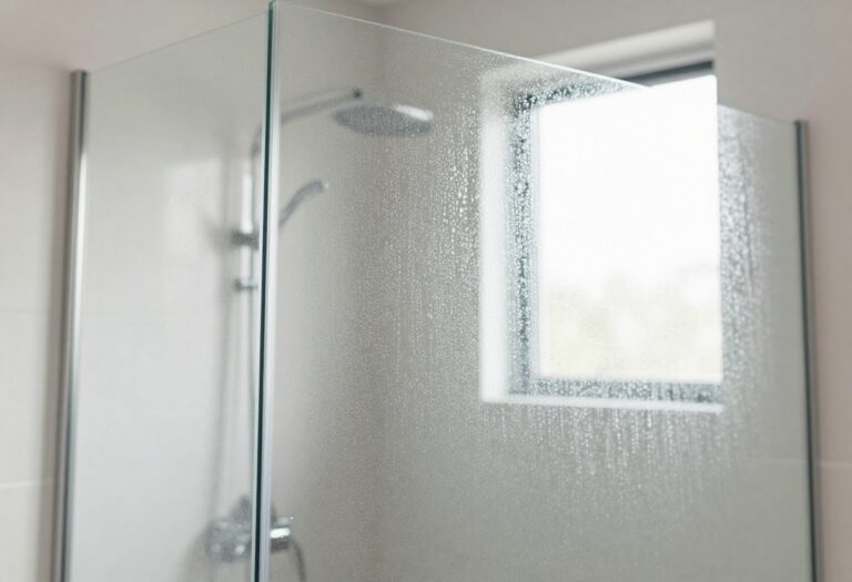Sparkling clean glass shower door with water beads and no streaks