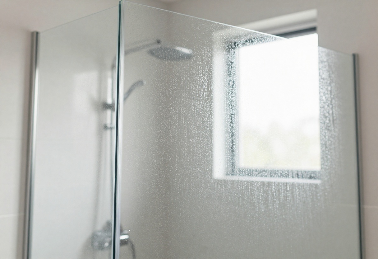 Sparkling clean glass shower door with water beads and no streaks