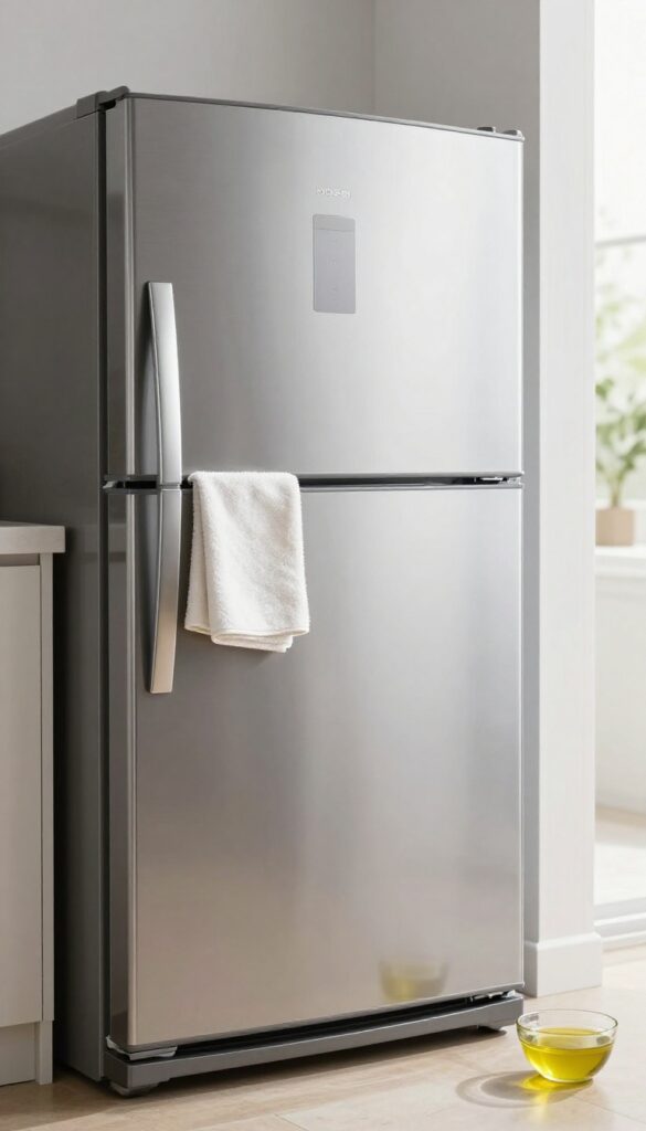 Shiny stainless steel refrigerator being polished with olive oil using a microfiber cloth