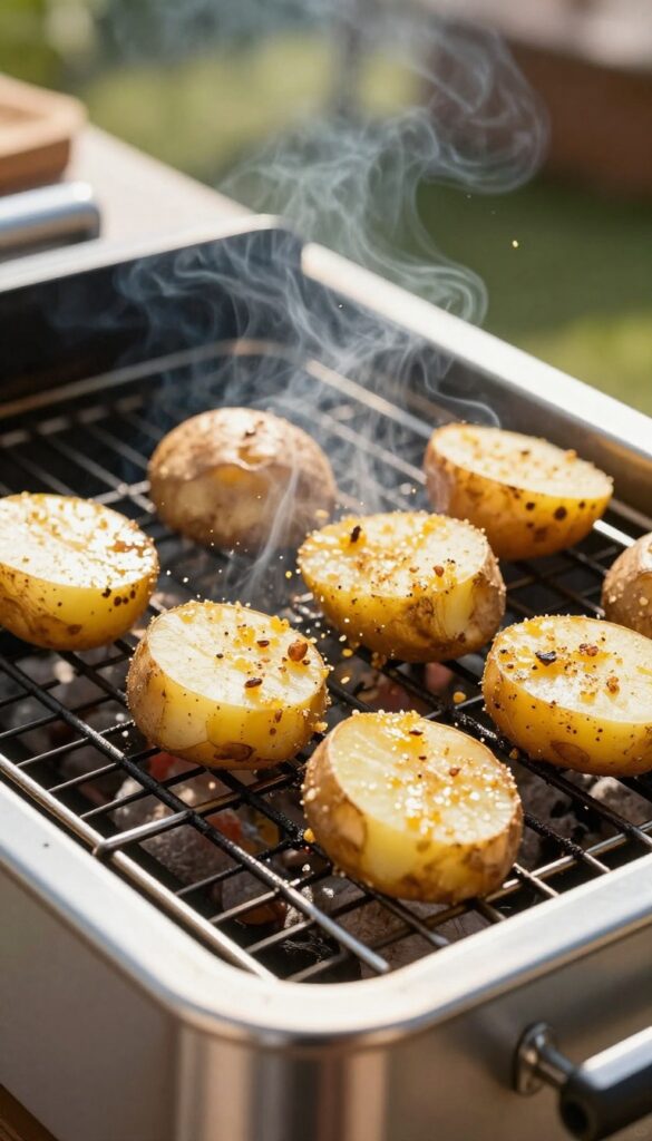Potato half rubbed on hot grill grates to create non-stick surface