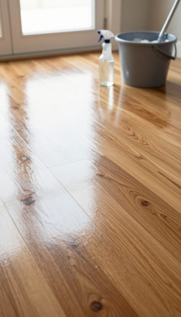 Clean hardwood floor with mop and natural cleaning solution in bright light