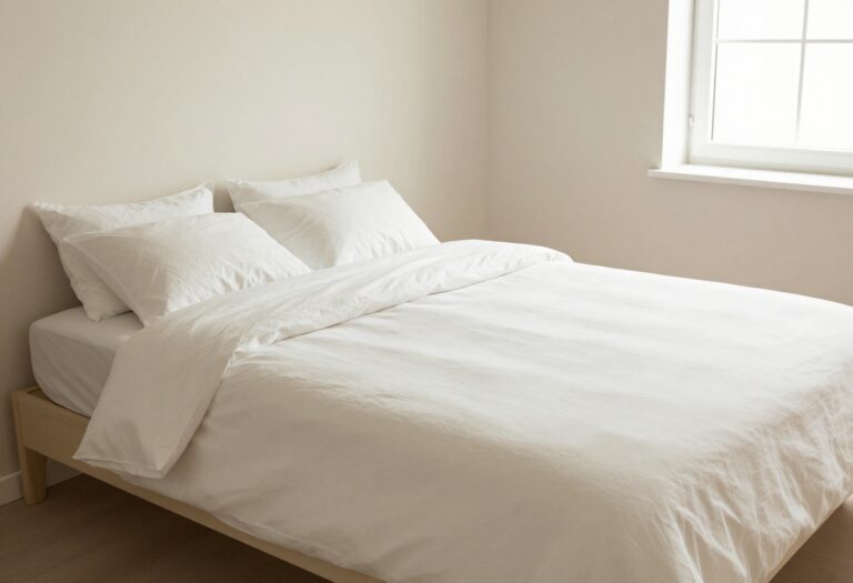 Clean and organized bedroom with made bed and tidy surfaces