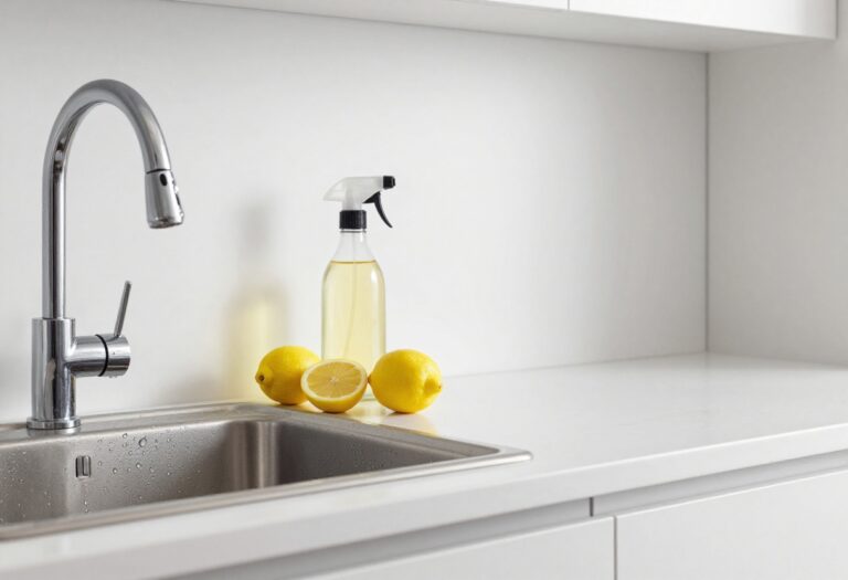 Clean kitchen sink with chrome faucet and lemon