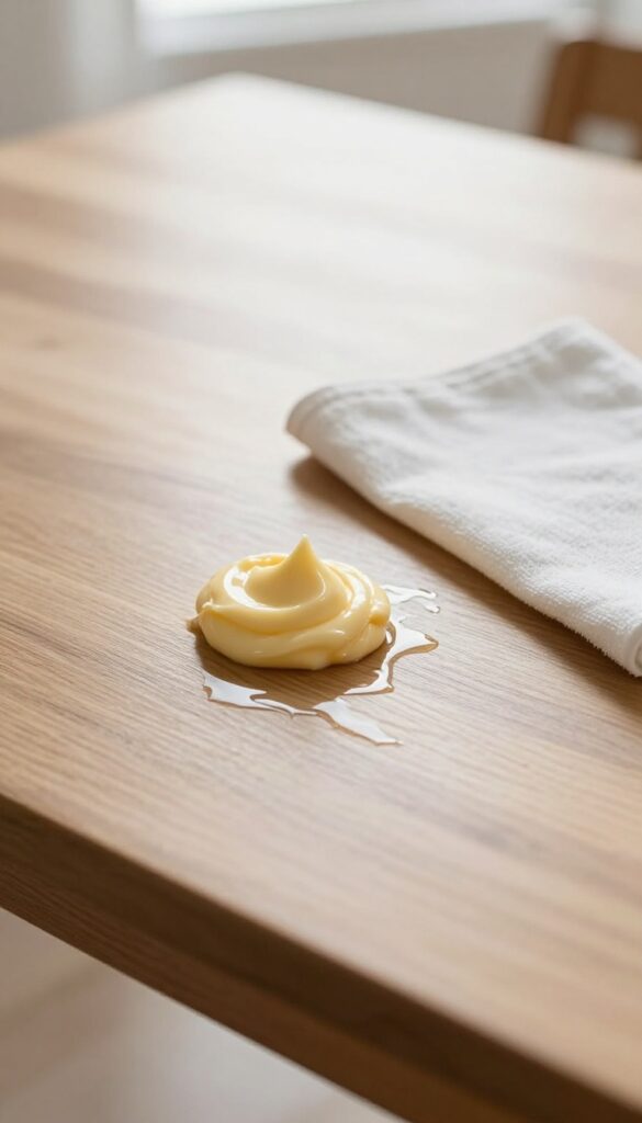 Mayonnaise applied to a water ring on a wood table