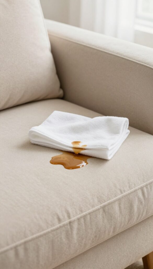 Blotting a coffee spill on a microfiber sofa with a white cloth