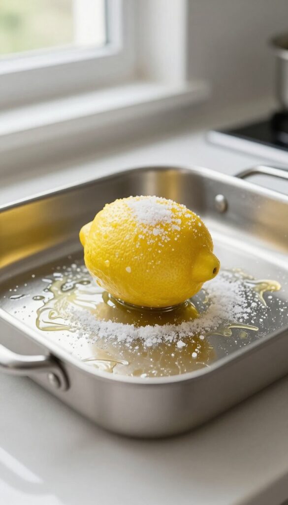 Scrubbing a greasy stainless steel pan with a lemon and salt scrub in a bright kitchen
