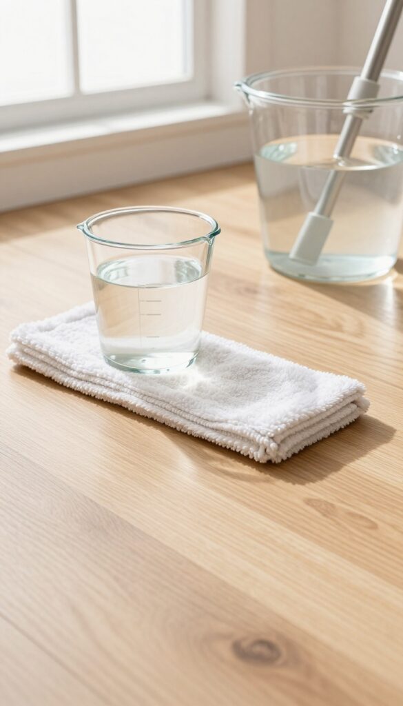 Cleaning laminate wood floor with microfiber mop and vinegar solution