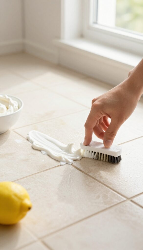 Hand applying lemon juice and cream of tartar paste to stained floor grout with a toothbrush