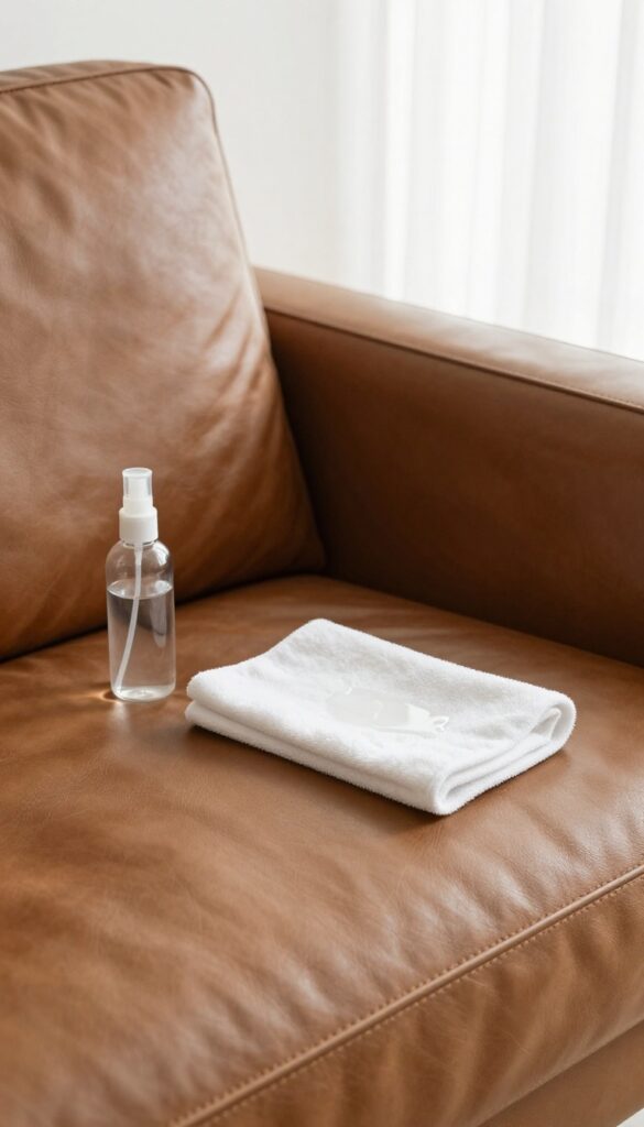 Cleaning a leather couch with a damp microfiber cloth using distilled water