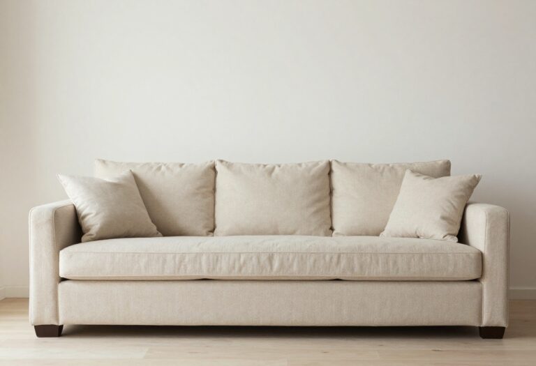 Clean beige fabric couch in a bright living room with pillows