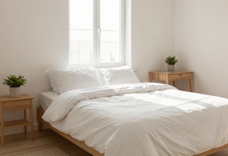 A clean, organized bedroom with sunlight, made bed, and a plant on a desk.