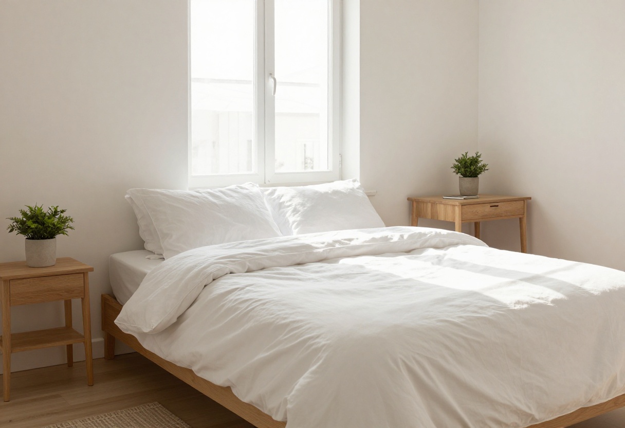 A clean, organized bedroom with sunlight, made bed, and a plant on a desk.