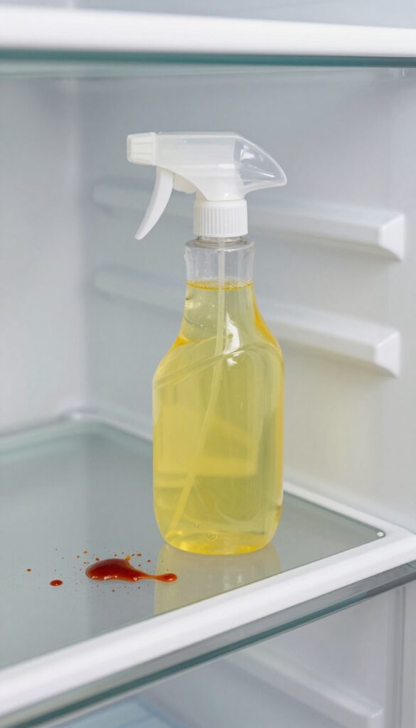 Spray bottle of lemon and vinegar solution on a fridge shelf with a stubborn stain being cleaned