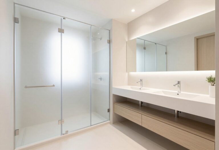 Small bathroom with shower-only layout featuring glass door, floating vanity, and large mirror