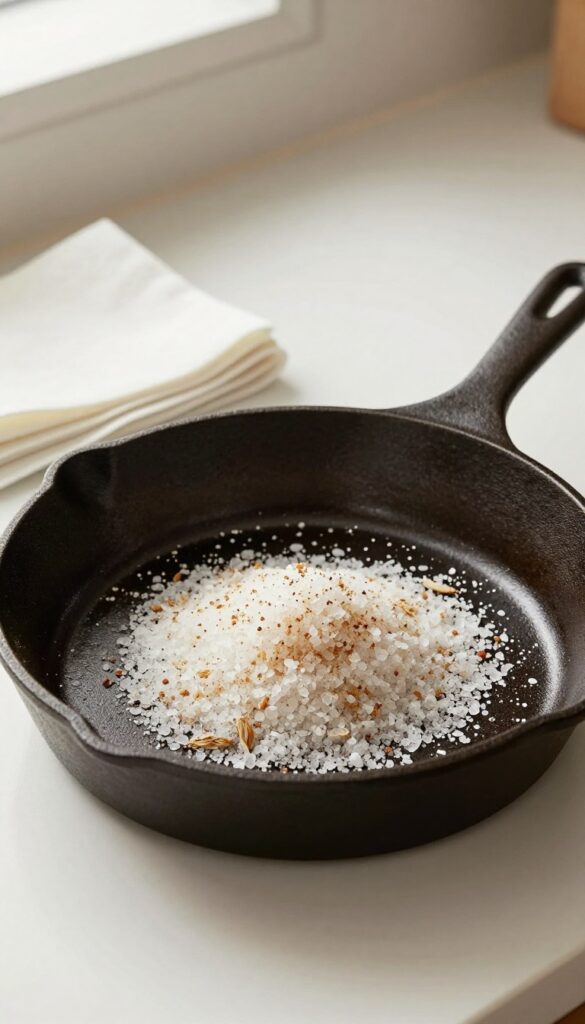 Cleaning cast iron pan with salt and oil on a stove