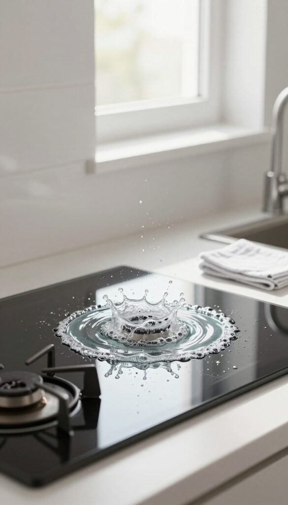 Club soda fizzing on a glass stovetop to remove streaks and smudges