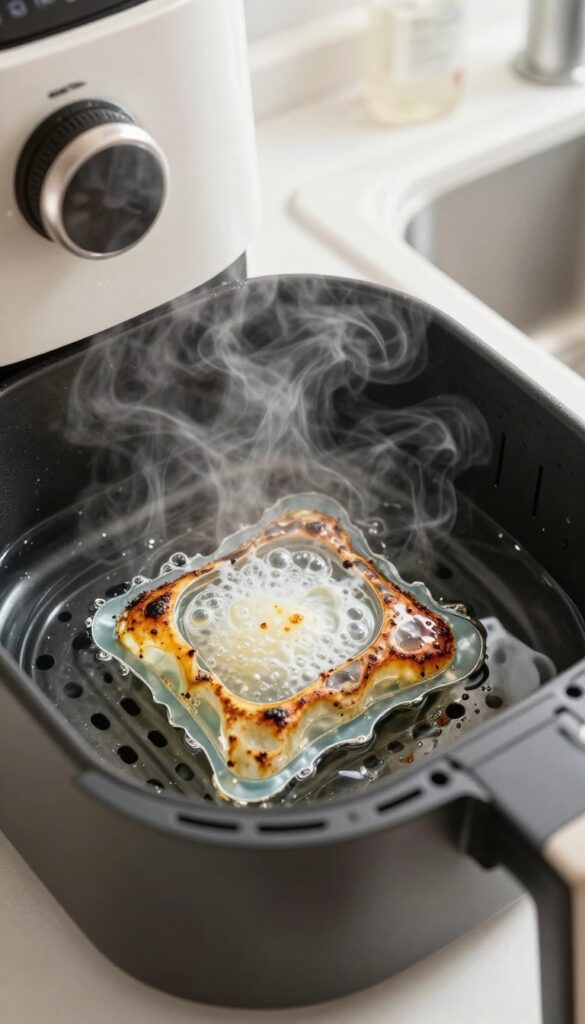 Air fryer basket soaking in hot water with a dissolving dishwasher pod, cleaning stubborn grease.