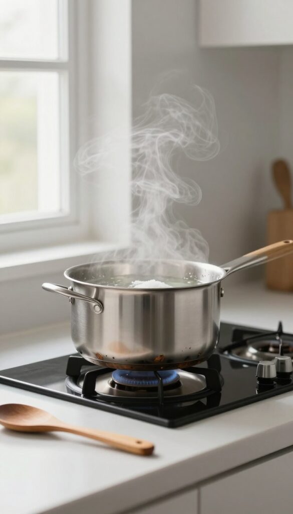 Stainless steel pot with burnt bottom simmering vinegar and salt solution on stove