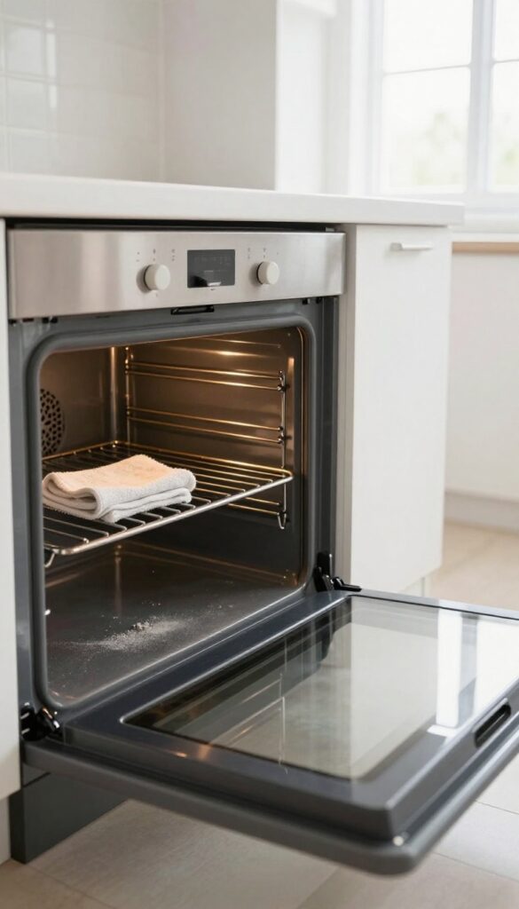 Oven interior with ash after self-cleaning cycle, damp cloth on rack, natural light from kitchen window