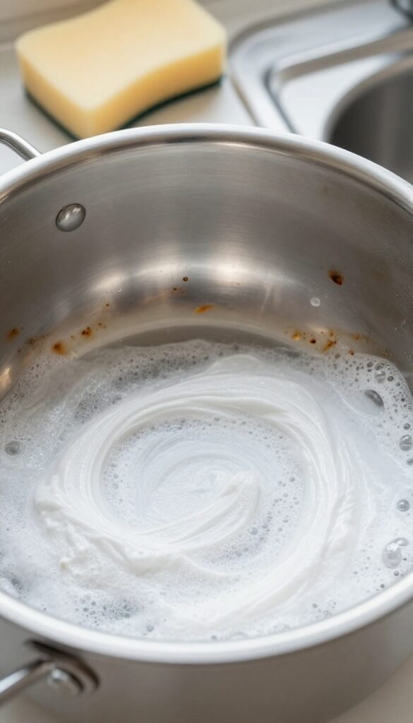 Hydrogen peroxide and baking soda paste applied to burnt pot bottom