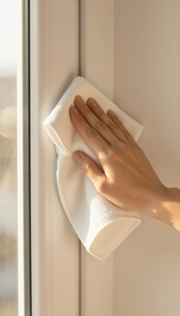 Cleaning window frames with a microfiber cloth to prevent streaks on glass.