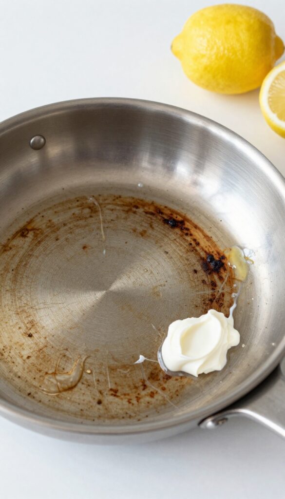 Cleaning frying pan bottom with cream of tartar and lemon juice paste