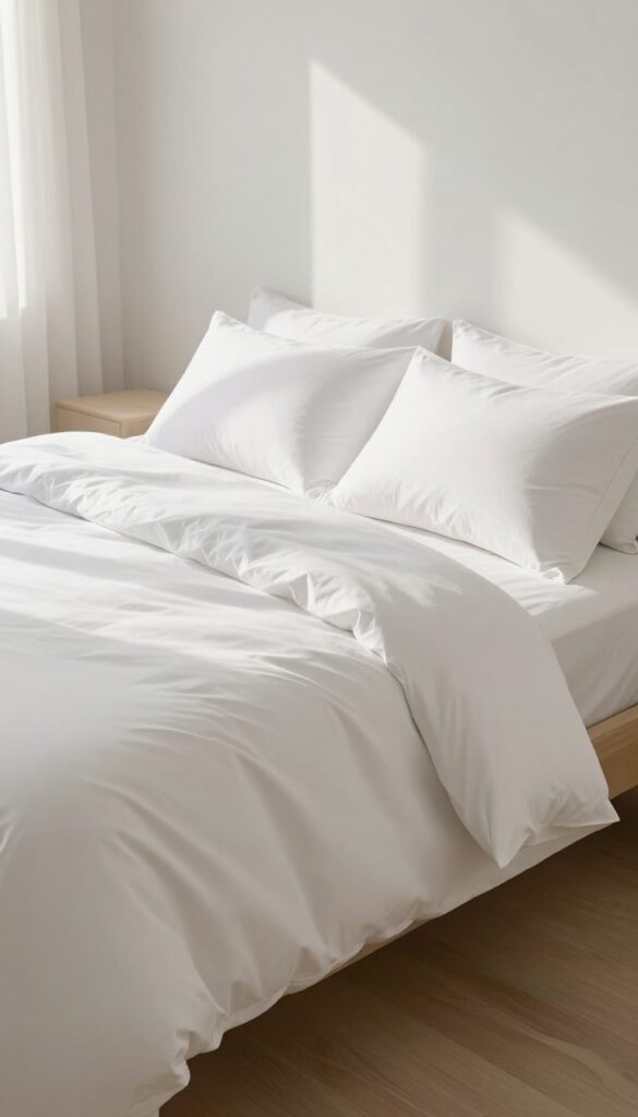 Neatly made bed in a bright, clean bedroom with white duvet and pillows, natural light, minimalist decor.