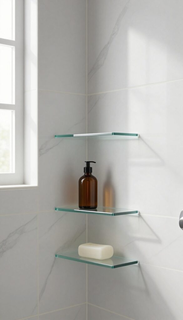 Glass shelf niche in a modern shower with marble tile and natural light