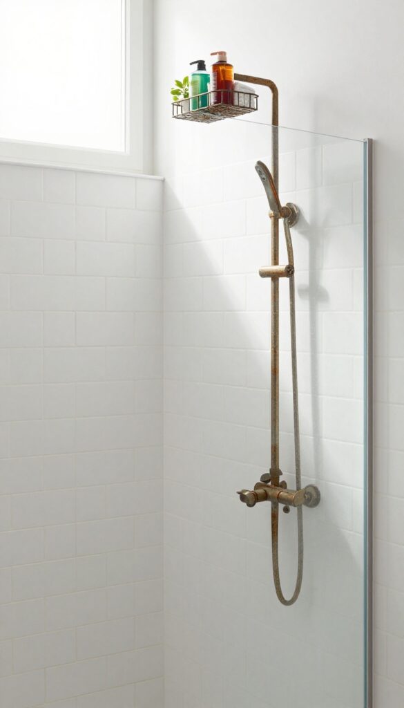 Small shower with vertical storage tower holding toiletries and towel, bright natural light