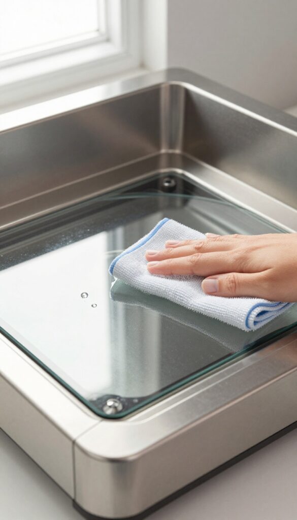 Hand wiping microwave interior with damp microfiber cloth and dish soap