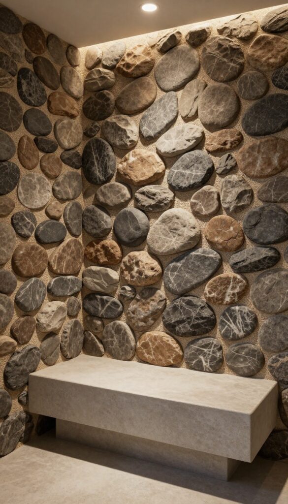 River rock accent wall behind shower bench with warm lighting