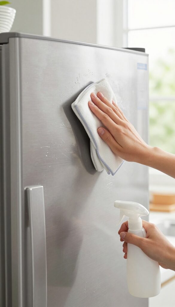 Person wiping down stainless steel refrigerator exterior with microfiber cloth, clean kitchen setting