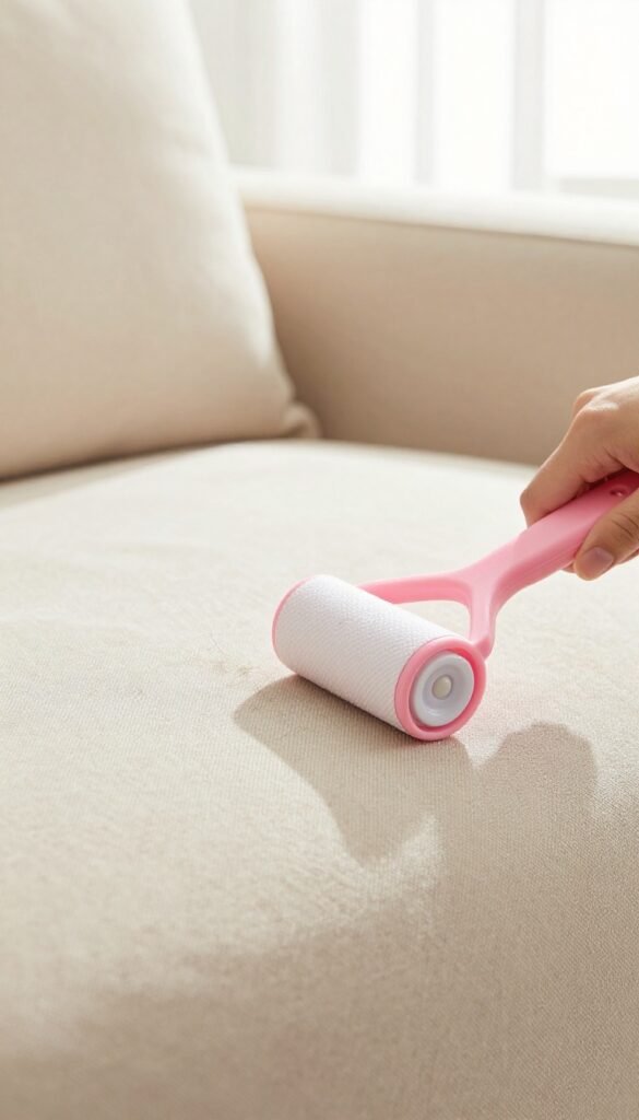 Hand using a lint roller to remove pet hair from a beige microfiber couch cushion
