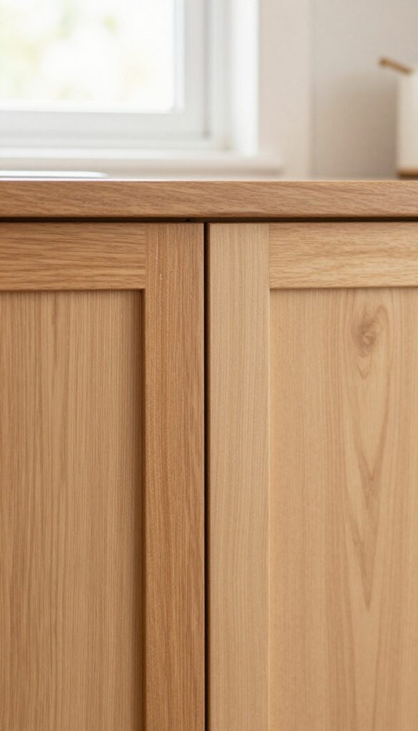 Close-up of a wooden cabinet door showing the contrast between dry wood and wood hydrated with mineral oil, warm natural light.