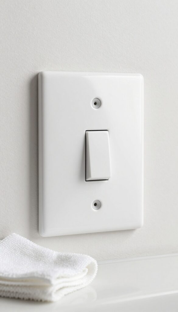 Clean white light switch plate on bathroom wall with microfiber cloths nearby