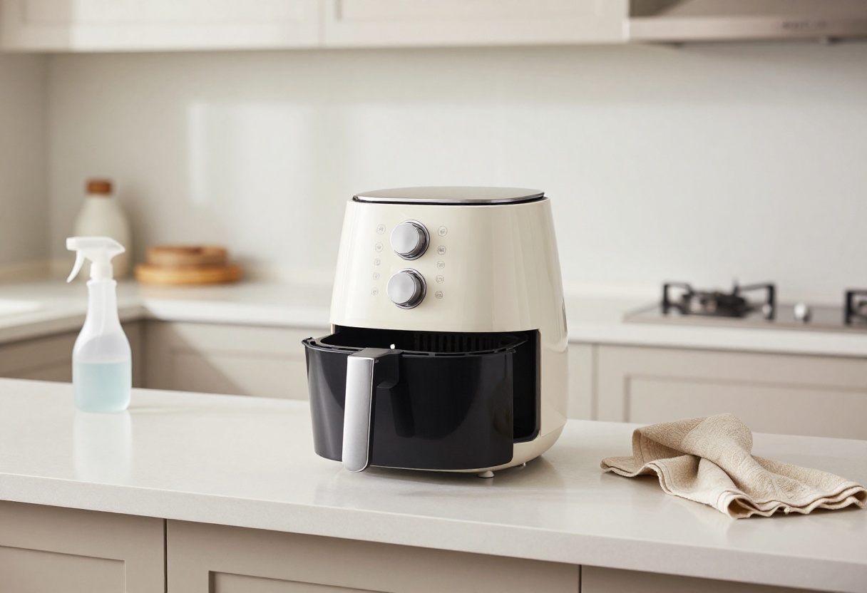 Clean air fryer basket with cleaning supplies on a kitchen counter