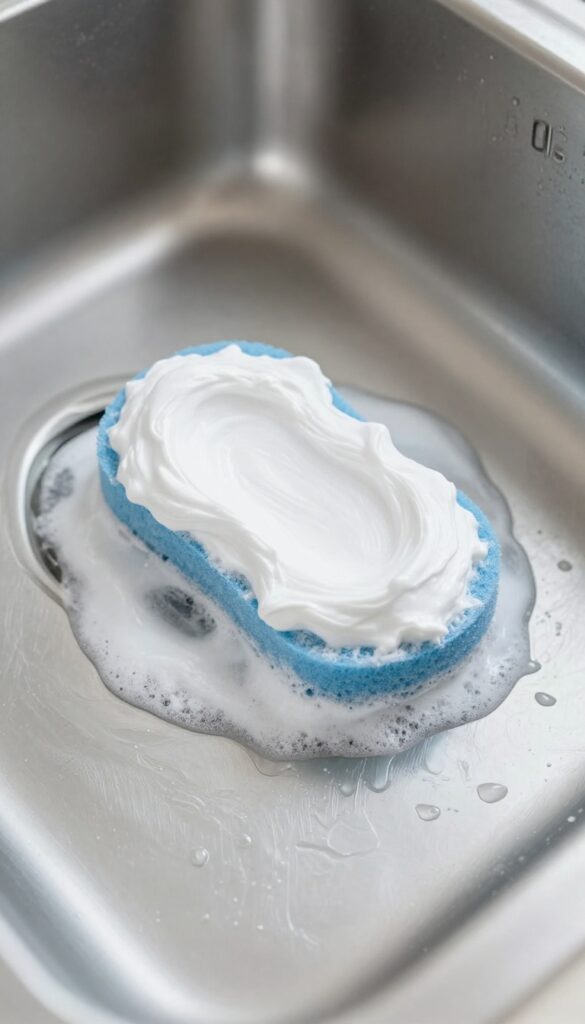 Cleaning stainless steel sink with baking soda paste and soft sponge