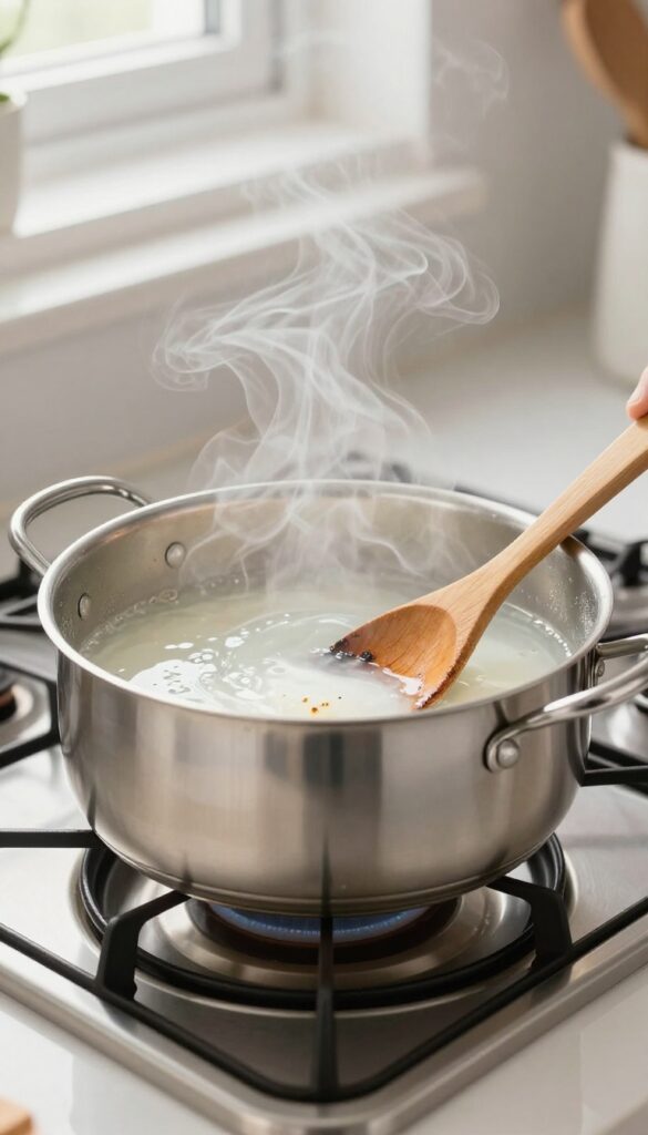 Deglazing a stainless steel pan with vinegar and water to remove burnt food residue