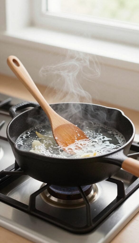 Cast iron skillet with boiling water loosening stuck food on a stove
