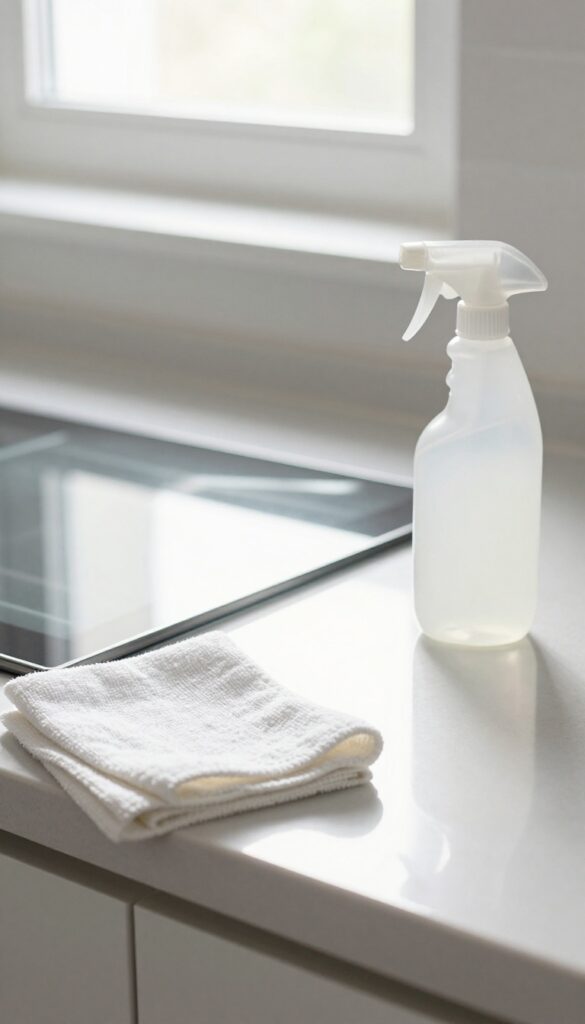 Clean glass oven door with vinegar spray and cloth for streak-free shine