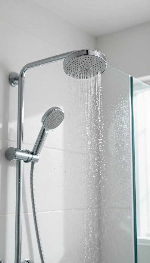 Rinsing shower glass with warm water from a handheld showerhead in a bright, clean bathroom