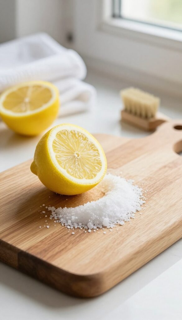 Cleaning a wooden cutting board floor with lemon and salt