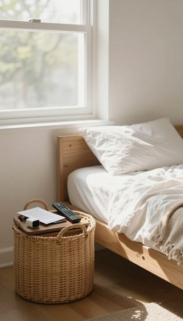 A woven basket on a dresser holding miscellaneous items like a remote and charger, with a clean bedroom background.