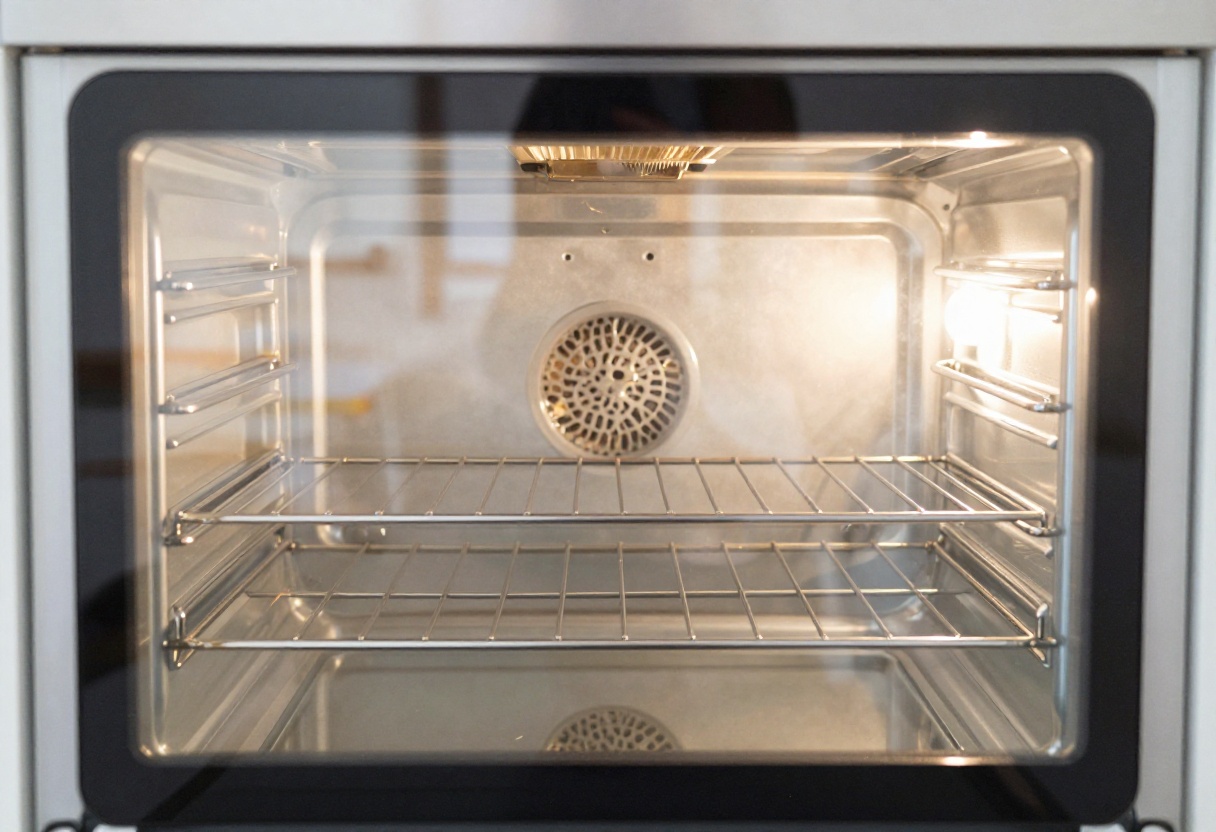 Clean oven interior with shiny glass door and racks