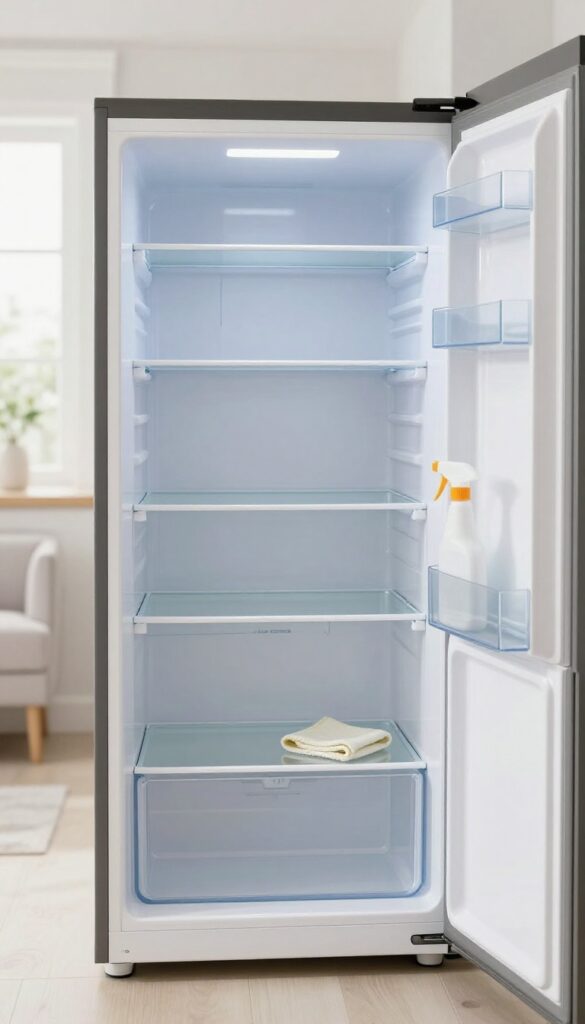 Clean empty refrigerator interior with shelves removed, ready for deep cleaning