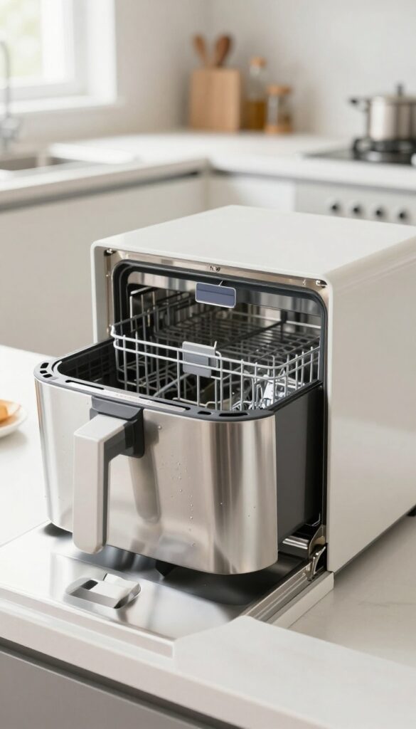 Air fryer basket and tray placed on the top rack of a dishwasher, sparkling clean after a wash cycle.